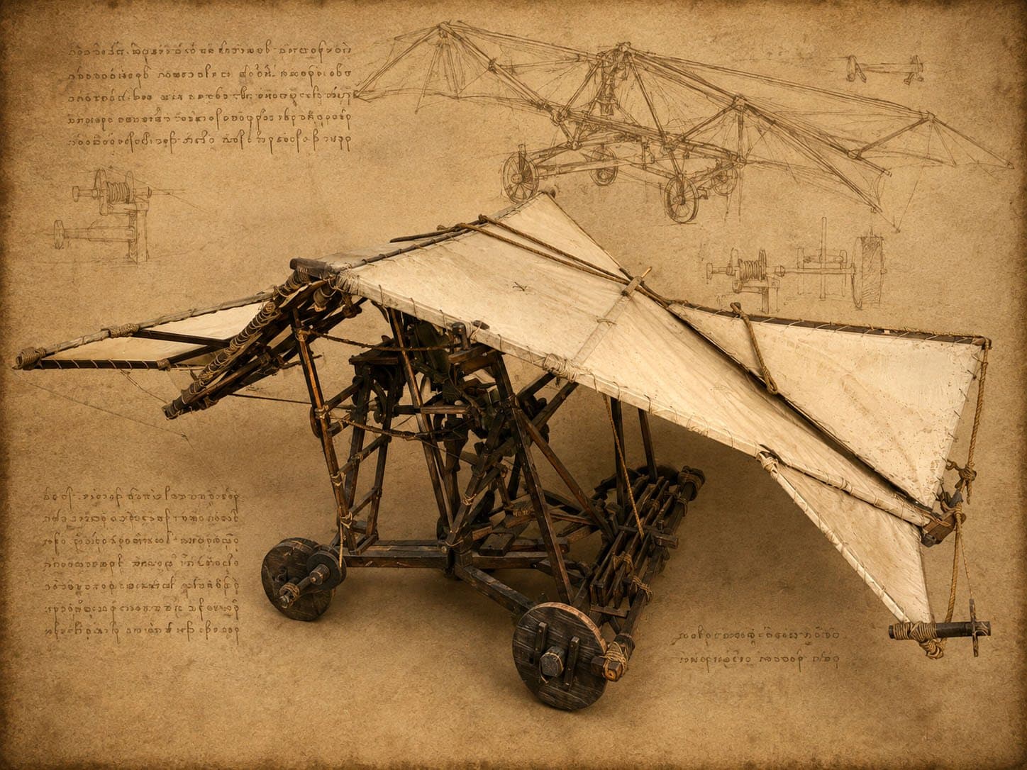 Ricostruzione in legno e tela del deltaplano a piuma di Leonardo da Vinci, su fondo color carta